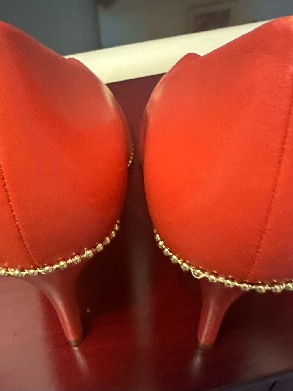 Coach Red Satin Heels with Gold Chain Accent